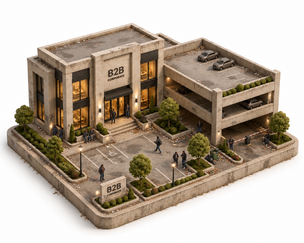 Commercial corporate facility and parking structure perimeter defense diorama